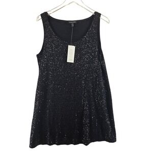Eileen Fisher Black Sequin Stretch Silk Long Slim Tunic Tank Mini Dress M NEW